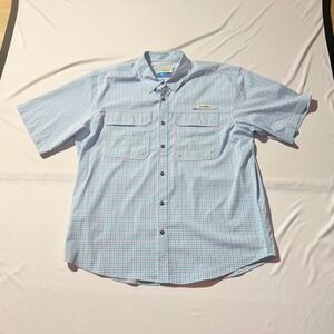 Magellan Outdoors Fishing Shirt Mens Large Pink Blue Easter Gingham Short Sleeve